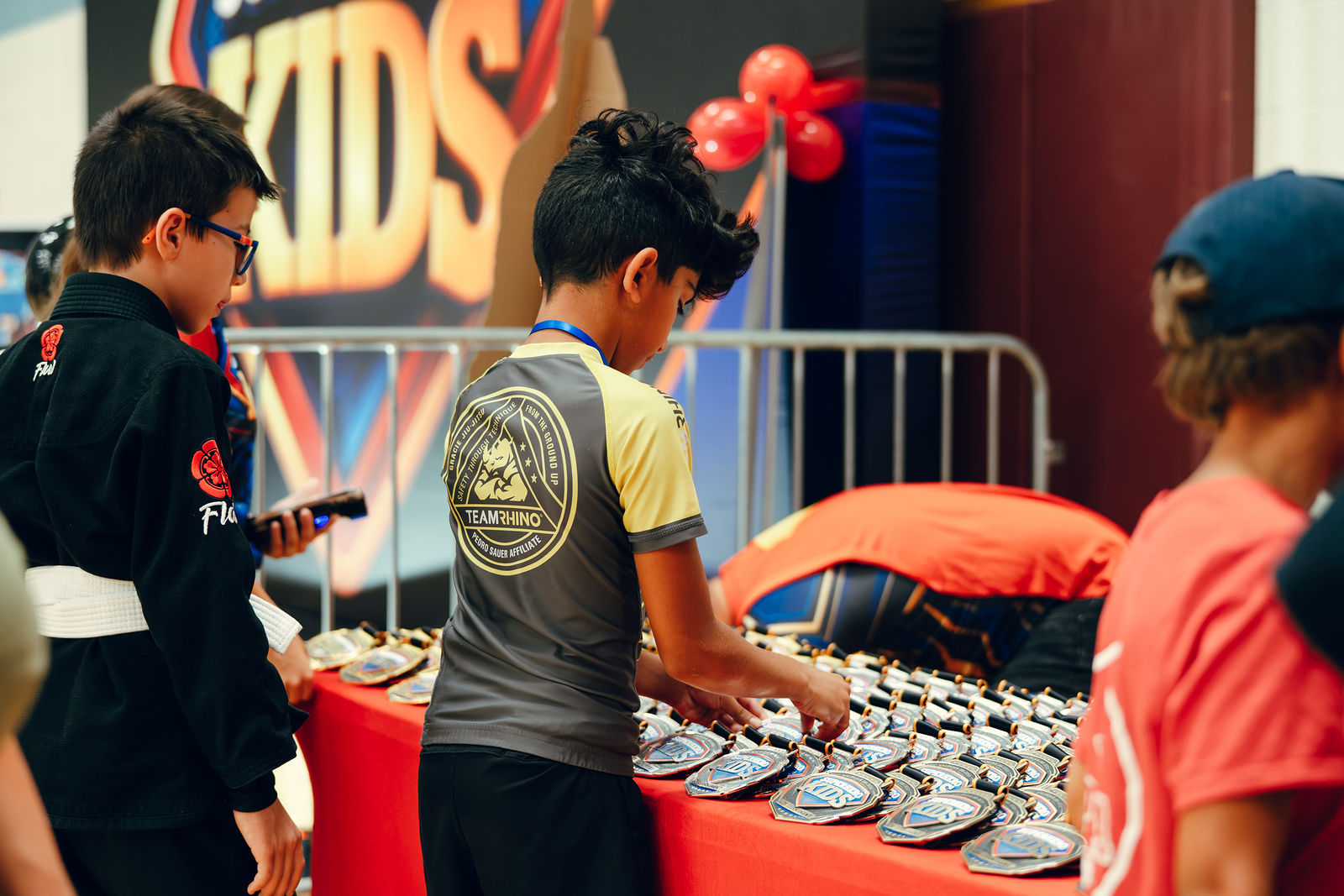 Championship medals lined up before the ceremony